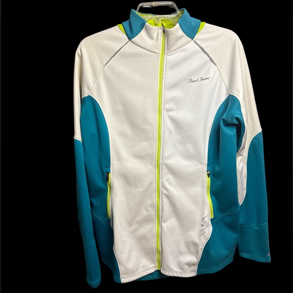 Women’s Pearl Izumi White and Teal Jacket with Neon Accents
Size - XLG